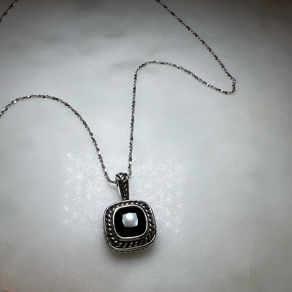 Sterling Silver Black Onyx-Like Square Pendant Necklace | 19” Chain | VNS STG - Picture 3 of 6